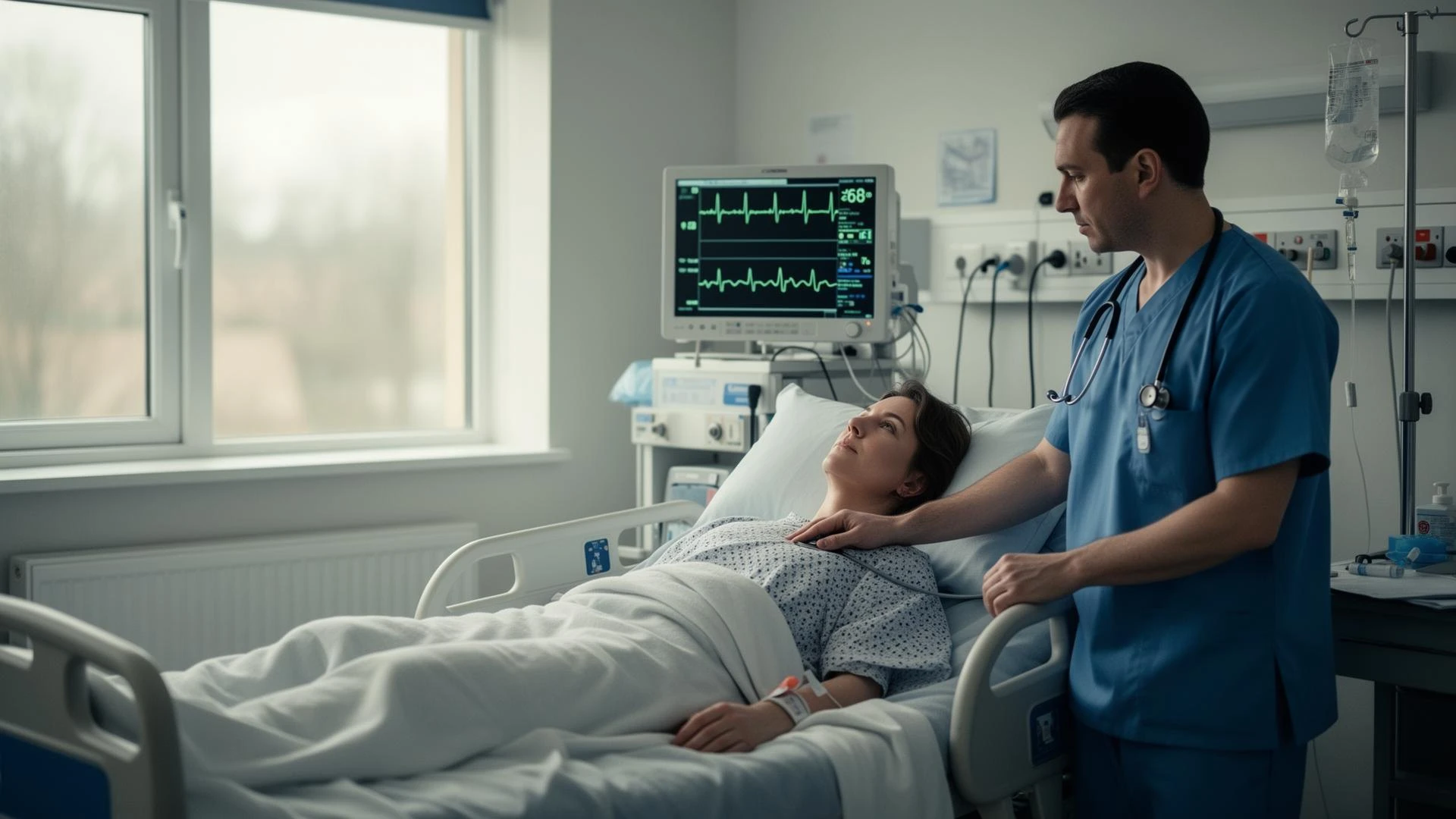 Medical student learning beside a patient in a hospital ward